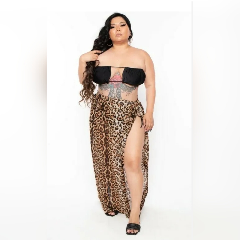 NEW NWOT CurvySense Plus Size Brown Animal Print Mesh Cover-Up Wrap Skirt Sz 3XL